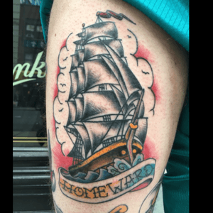 Clipper ship. #tattooapprentice #anthonylowtattoos #traditionaltattoo #clippership 