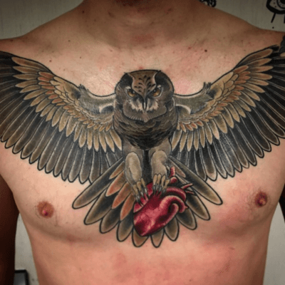 #owltattoo #chesttattoo #jenmogg #JenMoore #neotraditional 