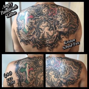 My back piece that was originally 4 seperate tattoos. Over 15 hours of ink total!