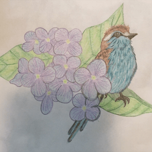 One of three , friend and his two siblings asked for three birds in their favorite colors (blue, teal, and purple) to be paired next to clusters of their late moms favorite flowers (three birds reprisent their moms fav song "Three little Birds by Bob Marley) #birdtattoo #floral