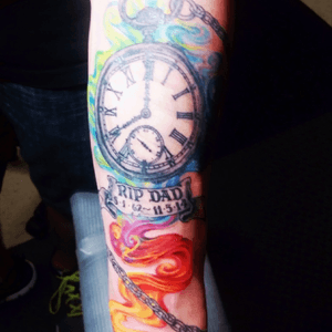 A beautiful piece for my father who passed away from cancer. Completely custom! I gave him a grandfathers watch for fathers day, the smoke was for him being cremated, and the time is when he took his last breath. #fuckcancer #color #clock #grandfatherclock #watercolor #chain #dad #rip