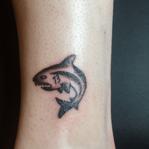 Friday the 13th shark tattoo. Done at Brainstorm Tattoo. #shark #fridaythirteenth #blackandgrey 