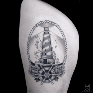 By Mo, Done at Mojito Tattoo, Toulouse, France. www.mojitotattoo.com #tattoo #toulouse #ink #mojitotatto #oldschooltattoo #lighthouse #blacktattooîg