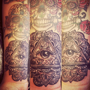 #mandala #allseeingeye #tattoo #sugarskull #candyskull #blackAndWhite #blackandgrey #eye #fresh #sleeveinprogress #sleeve 