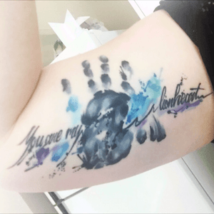 My son's handprint with cool toned watercolor and script. Madeleine Louise at Studio 4132 Marsden, QLD. #watercolor #handprint #buriedinverona #youaremylionheart #music #child 