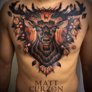 Great #color on this #deers #head #bucks #horns #antlers with #background of #leaves & #berries - #tattoo by #artist #mattcurzon @mattcurzon