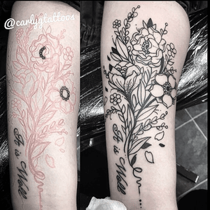 Floral linework piece drawn on to compliment an existing tattoo • • • #keithbmachineworks #kingpintattoosupply #eternalink #blackwork #flowers 