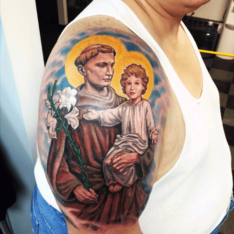 Tattooed this portrait of Saint Anthony on my chef husband Was a server  during my apprenticeship so basically went from one pirate ship to another  By far one of my favorite tattoos