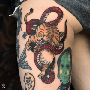 iditch@hotmail.fr #iditch #tattoo #mojitotattoo #toulouse #traditionaltattoo #tiger #snake #battle 