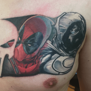 Deadpool and Moon Knight on a antihero chest piece work in process #millsoriginal #marvel #marvelcomics #MarvelTattoo #Deadpool #moonknight #wip #comic 
