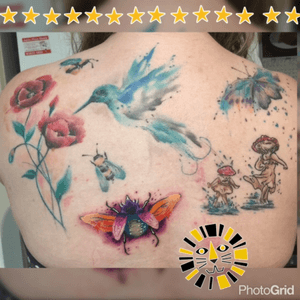#finished for now Full upper back #watercolor #butterfly #Toadstools #hummingbirdtattoo #bees #poppies #megandreamtattoo  @bisselltattoos #Australia #SmelWink #victimsofink #christmas #beetle by #bisselltattoos 