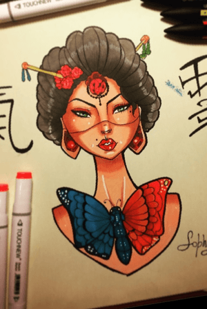 #draw #drawing #sketch #album #ink #inking #tattoo #illustration #japan #woman #gheisha #butterfly #butterlytattoo #artist #futeretattooartist #neotrad #sophy #passion #life #promarkers #touchnew #graphik #staedtler #v5 #ki #flower