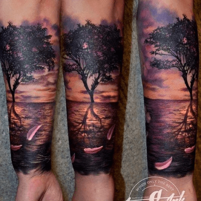 Sunset over a mountain tattoo  by Sagent Staygold  Maui Tattoo Artist at  MidPacific Tattoo  MidPacific Tattoo