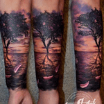 Sunset tree 😄 designed and tattooed by me #sunset #colortattoo #realistic #realism #femininetattoo 