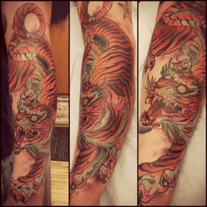 Another kick ass tiger tattoo by Rob Goodkind #tigertattoo #tiger #japanesetiger #TattooSleeve #forearmtattoo 