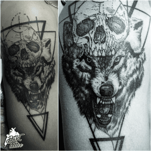 The wolf realistic tattoo with geometric part tattoo. #dskttattoo #wolf #skull #geometric #wolftattoo #skulltattoo #geometrictattoo 