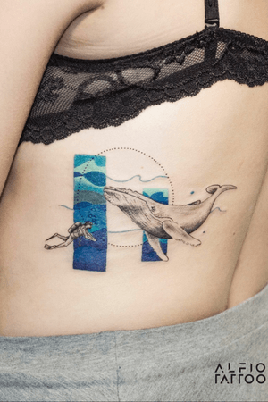 Design and tattoo by Alfio tattoo.#Ballena #buzo #diver #design #designtattoo #watercolor #tattoocolor #buenosaires #argentina #buceo #whale