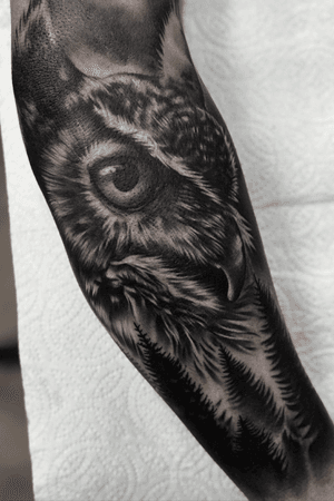 #tattoo #tattoos #tattooed #tattooideas #tattoodesign #owl #owltattoo #foresttattoo #forest #woods #animal #bird #ink #inked #blackandgray #sleevetattoo #tattoooftheday