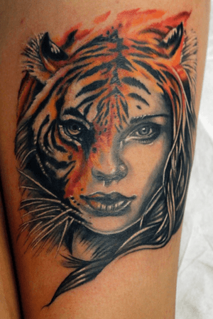 Custom #tiger #lady #spiritanimal #ladyface #tigerface tattoo by Sean Ambrose at Arrows and Embers Tattoo in Concord, NH. Thanks for looking! #tattoooftheday