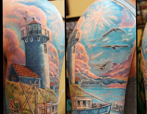 Custom #lighthouse #boat #ship #ocean #sea tattoo by Sean Ambrose at Arrows and Embers Tattoo in Concord, NH. Thanks for looking! #tattoooftheday