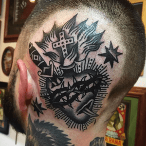Nate Hudak killing it with this awesome sacred heart on the back of the head. NOT MY WORK. 