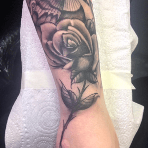 Freshly inked, the second addition to my left arm, begginings of the sleeve. Done by Sam Everett, Timeless ink, UK.#sleeve #blackandgrey #rose #moth #samuelthemoth #key #mirror #wraparound #cantpostthevideo #thorny #realism #4hrssession 