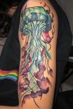 This very colorful watercolor jellyfish. Majestic honestly. #watercolortattoo #watercolor #jellyfish #arm #ocean #animal 