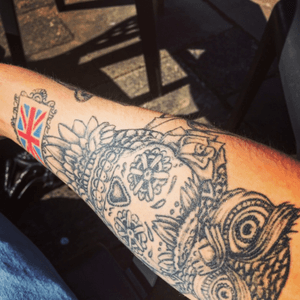  #unionjack #england #owl #tattoo #halfsleeve #sleevetattoo #mexicanskull #sugarskull 