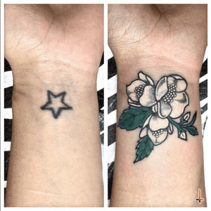 Nº296 #tattoo #littletattoo #tatuaje #ink #inked #coverup #coveruptattoo #blastover #blastovertattoo #beforeandafter #flower #flowertattoo #jasmine #jasminetattoo #jasmineflower #eternalink #bylazlodasilva