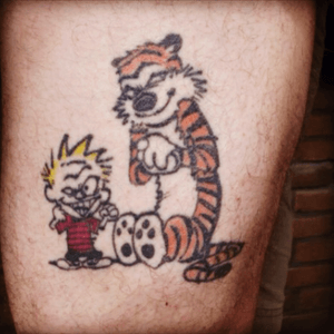 My 3rd tattoo done by Dax. An hour for the black; and an hour for the colour. My favourite comics. #CalvinandHobbes #comics 