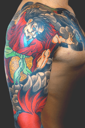 Samurai and Kitsune on arm, detail.