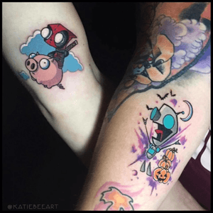 I have the coolest clients! 😎 Thanks Jess and Josh for getting these awesome Gir's. Yes that is a Halloween Gir and a Deadpool Gir riding pig! Anyone else have ideas for rad matching tattoos email me at kbeetattoo@gmail.com (other tattoos not done by me) #katiebeeart #tattoo #tattoos #ink #inked #yeg #yegtattoo #edmonton #edmontontattoo #ladytattooers #fusion #neotat #stencilstuff #inkess #inkjunkeyz #iloveyourtattoos #inkspiringtattoos #taot #tattedskin #tattooworkers #tattooersubmission #thebesttattooartists #invaderzim #gir #girtattoo #matchingtattoos #couplegoals #colortattoo #tattoodo