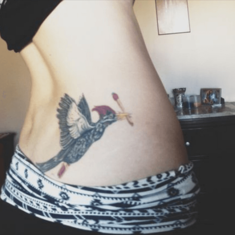 Black Ink Woodpecker Tattoo On Half Sleeve