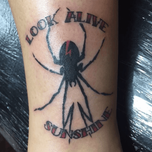 My Chemical Romance tattoo by Sean Kreitlow at Brave New World California in Upland CA. #spidertattoo #traditionallettering #bandtattoo #mychemicalromance 