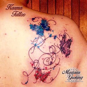 Watercolor butterflies tattoo with hidden letters #tattoo #marianagroning #karmatattoo #cdmx #MexicoCity #watercolor #watercolortattoo #watercolortattooartist #butterfly 
