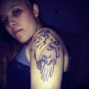 Wolf and Raven tattoo before the raven was filled in black with a red eye. Wolf still needs to be filled in. 