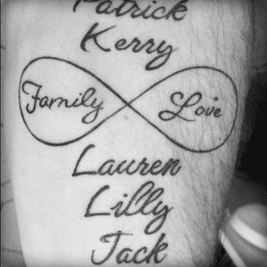 A small tat on my left forearm, designed by my daughter. Going to add more to it soon. #family #liverpool #thickasthieves #writingtattoo #infinityband #daughterdraw #daughters #familylove 