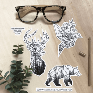 Geometric-dotwork animal tattoo designs up for grabs: www.rawaf.shop/tattoo #dotwork #geometric #dotworktattoo #geometrictattoo #bird #birdtattoo #deer #deertattoo #rose #roses #bear #beartattoo #mountain #mountains #origami #forest #nature