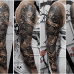 Black and gray arm sleeve done in 21 hours by #MichaelLitovkin at TNT Ink in CT #pinup #police #blackandgrey 
