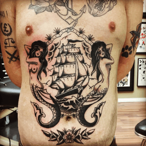 Finished my stomach up! Done by Reuben at kapala tattoo #blackwork #traditional #mermaid #ship #flowers #anchor #rose #heart #stomach 