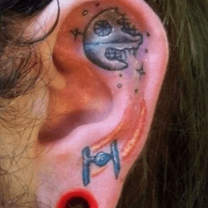 #tiefighter #Deathstar #starwars #outerear #innerear #earlobe #ear #color hope this is a real tattoo - as it is very cool - so many ear tattoos are temporary ones 