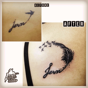Cover up tattoo name before and after Tattooed by DSKT Tattoo. #dskttattoo #coverup #nametattoo 