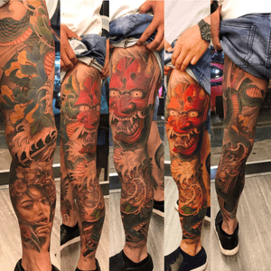 Full leg-hanya mask, snake, geisha Japanese tattoo. Bkkink studio. Tattoo done by Ball. ❤️in love