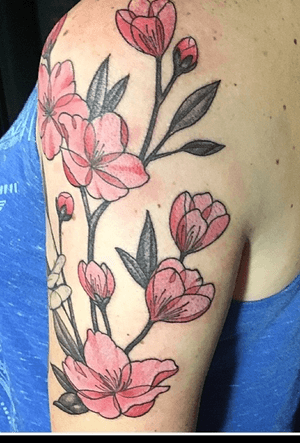 Custom cherry blossoms by Brigid Burke #cherryblossom #cherryblossomtattoo #customtattoo #flower #floral #flowertattoo #floraltattoo #dotworktattoo #fineline #color #colortattoo 