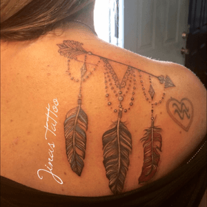 Feathers in diff colours on arrow... Symbolic of brothers & dad passing... Arrow signifies moving forward despite the pain... Small heart with sons zodiac sign inside. #feathers #arrows #hearts #zodiac #aquarius #journey #loss #featherandarrows #dainty #power #intuition #love #passionflower #Boston #Nathalia #route9tattoo