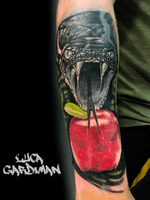 Snake and apple #Tattoodo #snake #snaketattoo #realistictattoo #realism #tattooartist #tattoooftheday #instatattoo #apple #color #ink #inked #sleeve #wip 