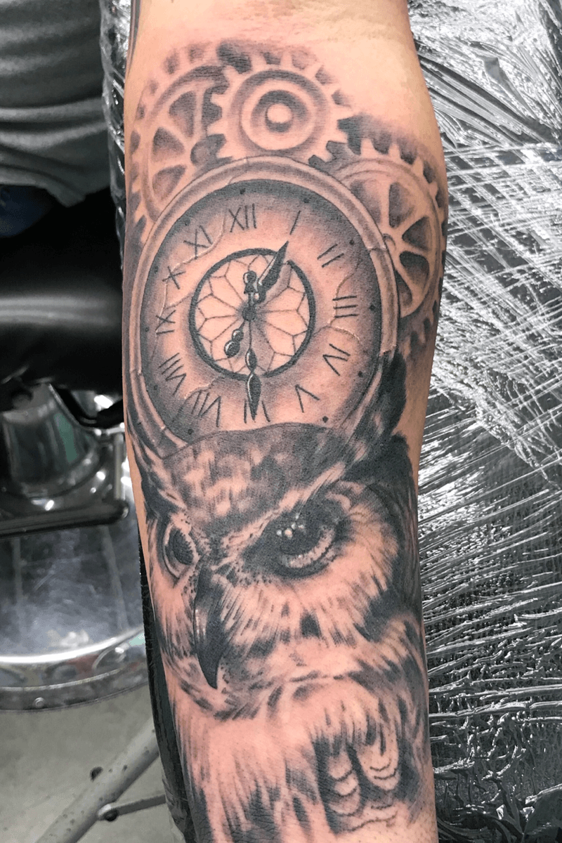 Tattoo uploaded by Chris Hosmer • 1st sitting on this owl/clock theme