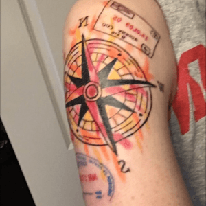 Compass with passport stamps, will add to it over time #watercolortattoo #compasstattoo #halfsleeve 