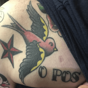 Oh boy, oh boy! The swallow, my second tattoo. As I said, I'm a sailor. Swallows always return home, they're actually my favorite bird, they frequently are seen around the boat traveling with us, and they, like the Nautie, represent 5,000 miles at sea. The O POS. well, I like the font, and my type is O POS, and I'm an old piece of shit! Haha