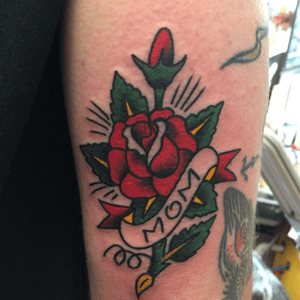 Sailor Jerry rose tattoo for my dude Brandon #denver #denvertattoo #sailorjerry #momtattoo #rosetattoo 